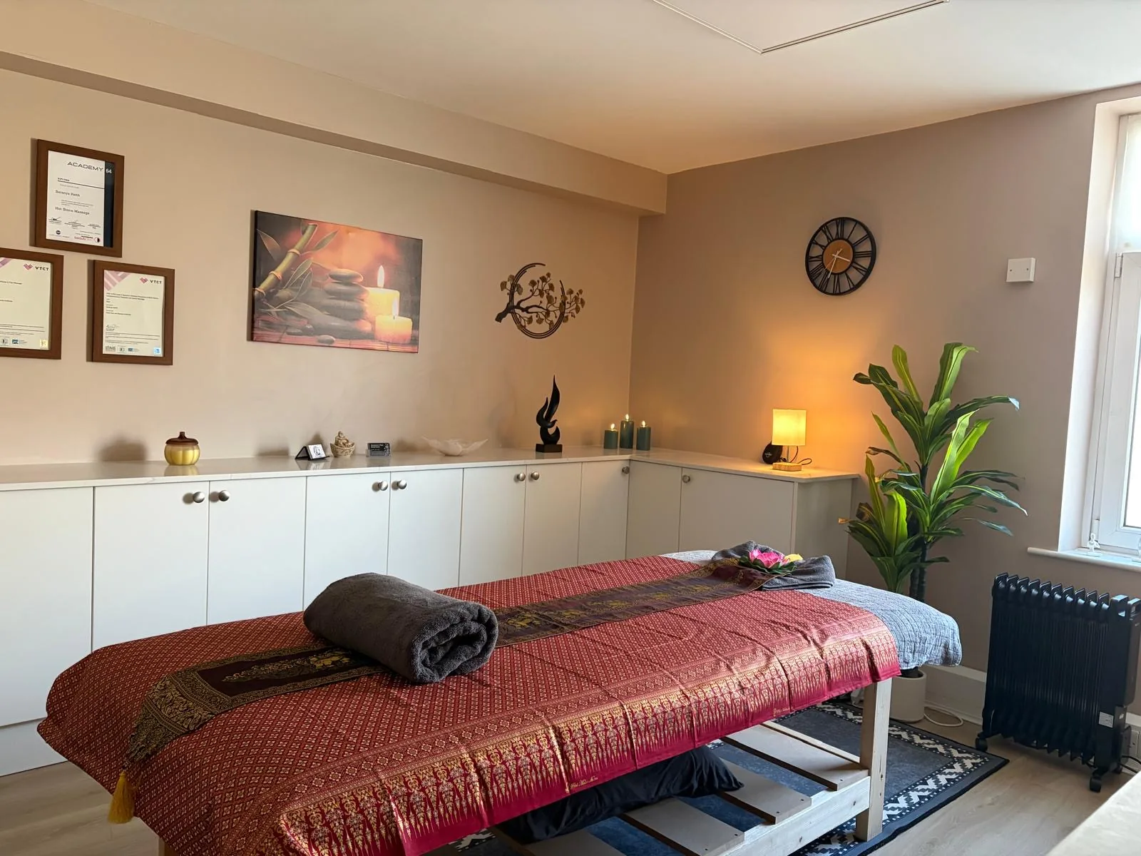 Warm, private treatment room at Saranya's Thai Bodywork in Mapplewell